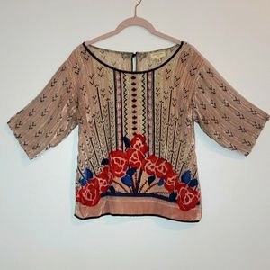 Anthropologie silk velvet top mandarin buttons